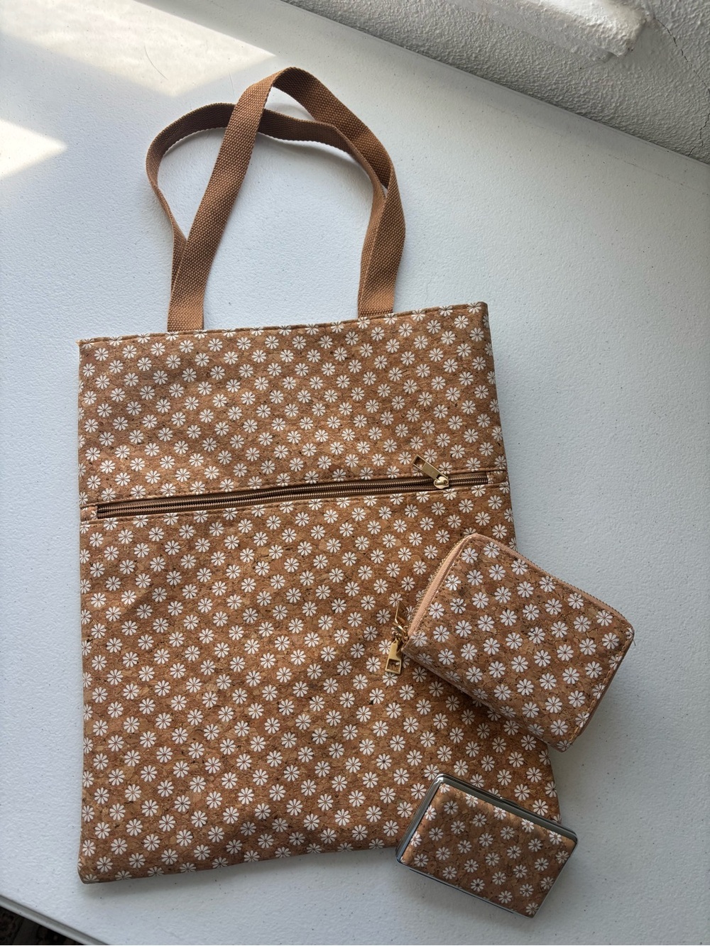 Brown Daisy Canvas Tote with Matching Pouches